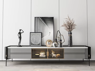 Modern Black and White TV Cabinet with Glass Door Drawers Sculpture Painting and Gold Frame 3d model