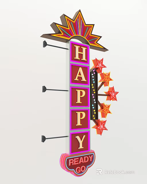 Public Facility Sign With Happy Lettering And Decorative Star Elements 3d model 