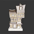 Medieval Multi Story Building With Wooden Frame Gabled Roof Stone Base And Lit Windows