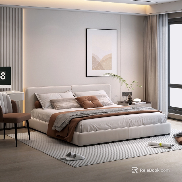 Contemporary Double Bed Room Design With Soft Bedding Nightstand Plant And Wall Art 3d model 