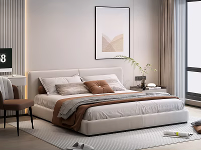 Contemporary Double Bed Room Design With Soft Bedding Nightstand Plant And Wall Art 3d model