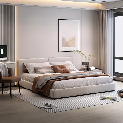 Contemporary Double Bed Room Design With Soft Bedding Nightstand Plant And Wall Art 3d model