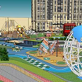 Children's Play Area With Slide Water Pool Fire Truck Sandpit Globe Structure Green Lawn Pathways