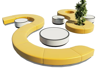 Yellow Irregular Shaped Sofa With White Round Tables And Green Plant In Modern Living Space 3d model