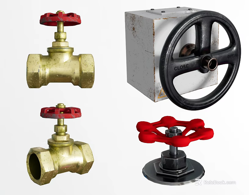 Various Industrial Valves Featuring Brass Bodies Red Handles And Handwheel Components 3d model 