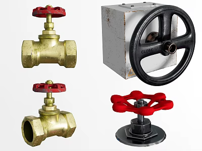 Various Industrial Valves Featuring Brass Bodies Red Handles And Handwheel Components 3d model