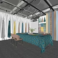 Curtain And Fabric Showroom With Various Colorful Samples And Decorative Table 3d model