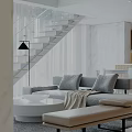 Modern Bright Open Living Dining Room With Glass Staircase And Cozy Neutral Interior Design