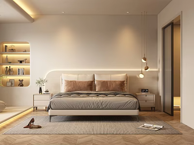 Modern Bedroom Interior With Upholstered Headboard Nightstands Pendant Lights Display Shelves And Geometric Rug 3d model