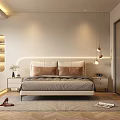 Modern Bedroom Interior With Upholstered Headboard Nightstands Pendant Lights Display Shelves And Geometric Rug