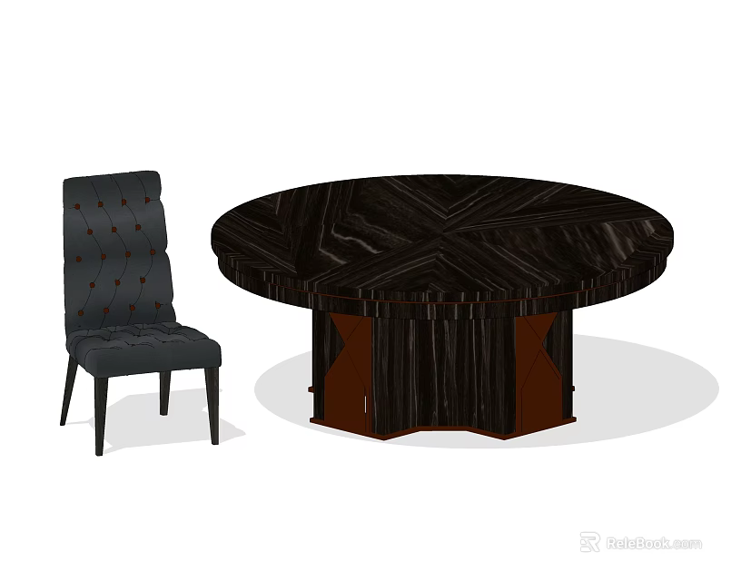 Round Wooden Dining Table Set With Dark Gray Button Tufted Chair 3d model