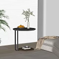 Modern Coffee Table with Vase Plant and Fruit Bowl in Living Room with Blinds and Sofa