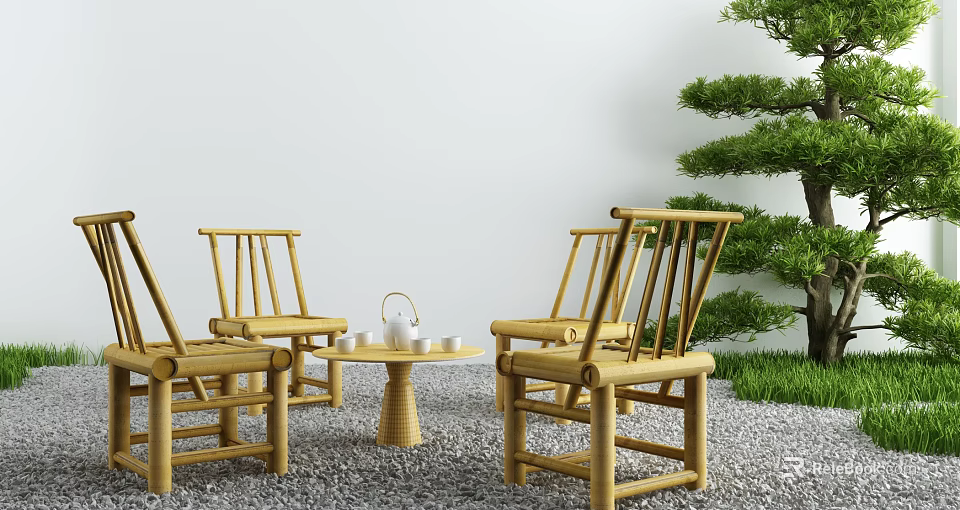 Bamboo Outdoor Table With Chairs Tea Set And Pine Tree On Gravel Ground 3d model 
