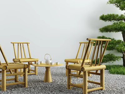 Bamboo Outdoor Table With Chairs Tea Set And Pine Tree On Gravel Ground 3d model