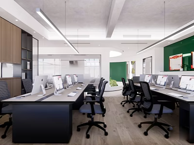 Modern Public Office Space With Open Layout Desks Computers And Green Whiteboard 3d model