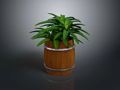 Wooden Barrel Planter With Lush Green Plant And Silver Metal Bands 3d model
