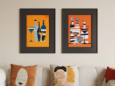 Two Black Framed Abstract Paintings with Bottles Glasses Vibrant Colors Living Room Wall 3d model