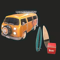 Orange Vintage Van With Roof Rack Red Box Surfboard And Palm Tree Decals