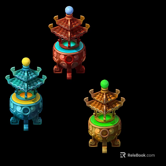 Colorful Decorative Tower Shaped Ornaments With Multi Layer Structure And Colored Tops 3d model 
