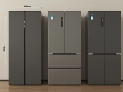 Modern Gray Refrigerators With Different Styles And Dimensions For Kitchen Use 3d model