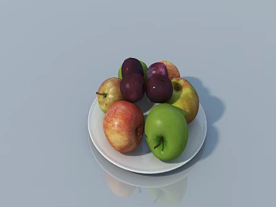Ceramic Plate With Red Green Purple Apples And Plums On White Surface 3d model