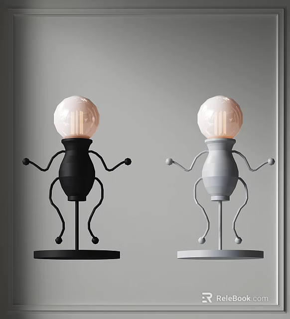 Humanoid Shaped Table Lamp In Black And Gray With Round Base And White Bulb 3d model 