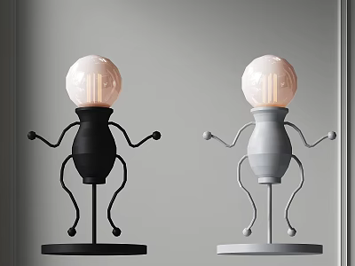 Humanoid Shaped Table Lamp In Black And Gray With Round Base And White Bulb 3d model