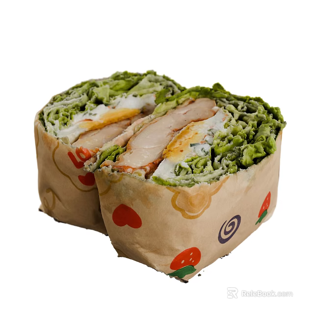 Fresh Chicken Wrap With Lettuce Egg And Sliced Ingredients In Strawberry Heart Paper 3d model 