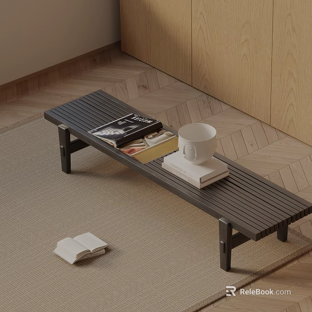 Modern Minimalist Bench With Wooden Slats Metal Frame On Rug Featuring Books And Coffee Cup 3d model 