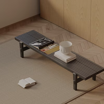 Modern Minimalist Bench With Wooden Slats Metal Frame On Rug Featuring Books And Coffee Cup 3d model