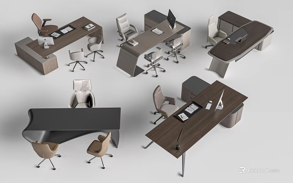 Various Modern Office Desks With Ergonomic Chairs And Wooden Surfaces 3d model