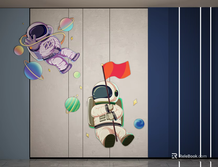 Modern Wall Decor with Astronauts Planets and Red Flag Design 3d model