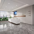 Modern Office Reception Area With Bright Lighting Marble Countertop Green Plants And City View