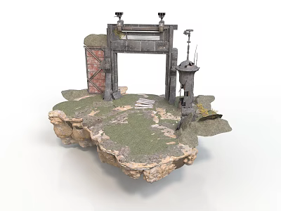 Fantasy Scene Construction With Stone Archway Lamp Posts Tower And Rocky Grass Terrain 3d model
