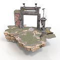 Fantasy Scene Construction With Stone Archway Lamp Posts Tower And Rocky Grass Terrain