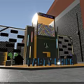 Tasty China Themed Yellow Installation With Colorful Balls Purple Signs Green Plants And Brick Wall