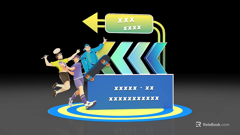 Colorful Arrows Platform With Dynamic People Skateboarding And Racket Activity 3d model