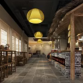 Traditional Chinese Restaurant Interior With Hanging Lanterns Earthen Jars And Wooden Ceiling