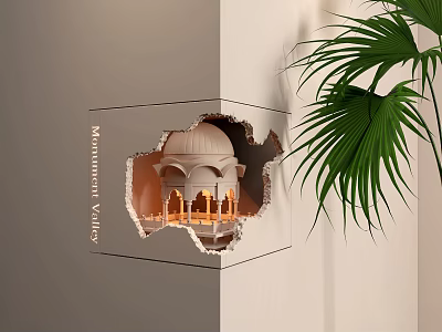 Monument Valley Style Cube Wall Lamp with Hole Dome Light and Palm Leaf 3d model
