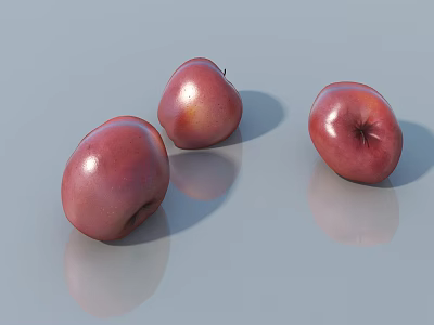 Three Fresh Ripe Red Apples on Shiny Reflective Smooth Surface 3d model
