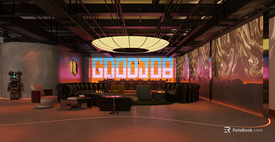 Modern Bar Interior With Neon Signage Large Chandelier And Comfortable Seating 3d model 