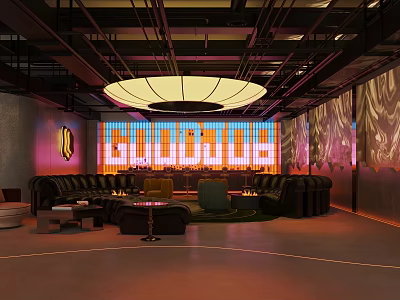 Modern Bar Interior With Neon Signage Large Chandelier And Comfortable Seating 3d model