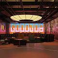 Modern Bar Interior With Neon Signage Large Chandelier And Comfortable Seating