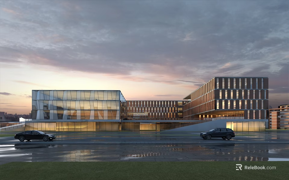 Modern School Building With Glass Facade Sunset Sky Cars And Green Grass Lawn 3d model 