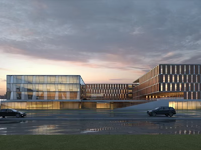 Modern School Building With Glass Facade Sunset Sky Cars And Green Grass Lawn 3d model