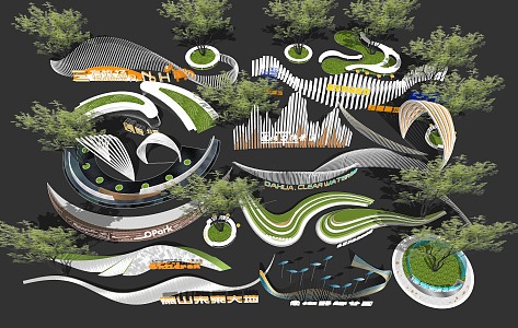 curved special-shaped landscape wall park entrance logo landscape wall square logo landscape wall wave sculpture landscape sketch 3d model