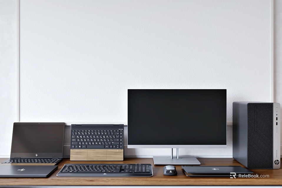 Computer Setup on Wooden Desk with Laptop Monitor Keyboard Mouse Trackpad and PC Case 3d model 