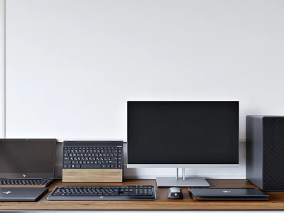Computer Setup on Wooden Desk with Laptop Monitor Keyboard Mouse Trackpad and PC Case 3d model