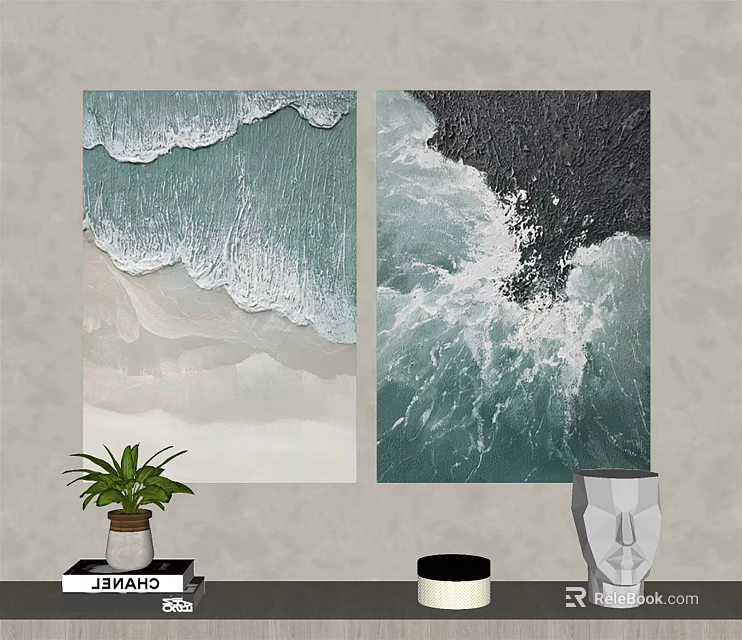 Two Panel Coastal Wall Art Featuring Blue White Gray Ocean Waves And Beach 3d model