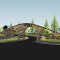 Wooden Arched Entrance Gate With Surrounding Trees And Water Area Under Blue Sky